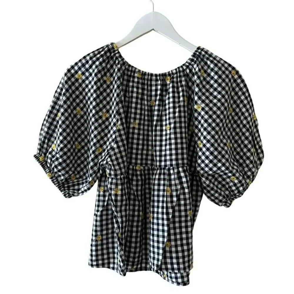 Old Navy puff sleeve black white sunflower embroidered gingham swing  SZ M #2160